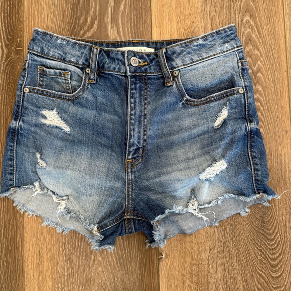 Eunina Blue Distressed Jean Shorts USA sz Small EUC daisy dukes Y2K cut offs - Picture 1 of 8